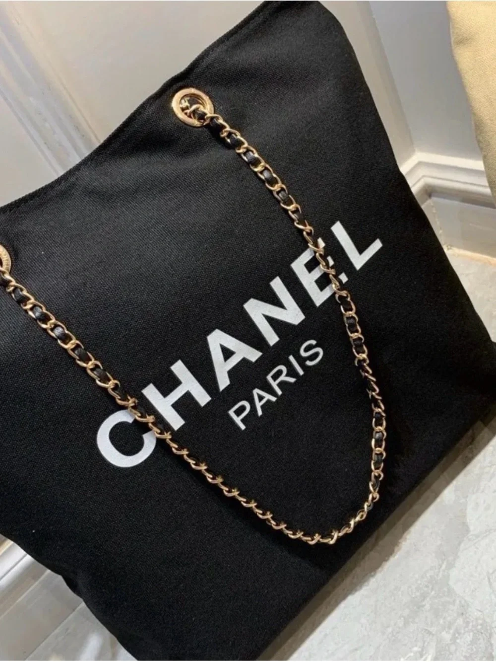 CHANEL Parfum GWP Black Tote with Gold Chain Detail